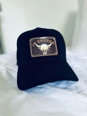 Black Trucker Hat with 'In Charge' Bull Patch